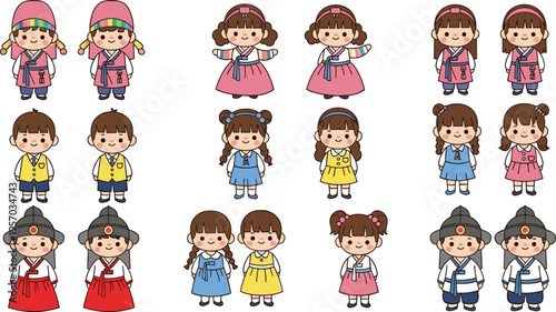 Cute Kids Traditional Costume Character Vector Set with Cartoon Boys and Girls Wearing Cultural Dresses School Outfits and Folk Clothing Illustration Collection Design