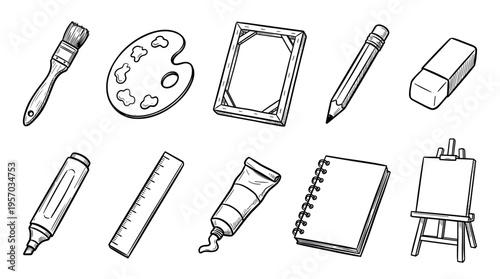 Art supplies drawing tools collection features various artistic instruments and materials rendered in a charming black and white doodle style illustration.