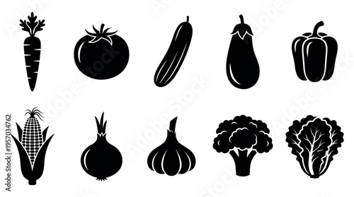Vegetable and fruit icons set representing healthy organic produce, essential ingredients for cooking, nutrition, and a balanced diet.