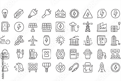 Electric Power Icons Pack with Plug Battery and Lightning Symbols