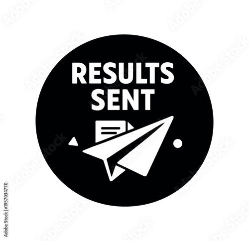 Black circular icon with paper plane and document symbol and "results sent" text