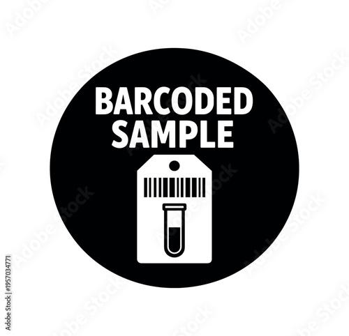 Barcode sample tag with test tube vial on circular badge black flat vector icon