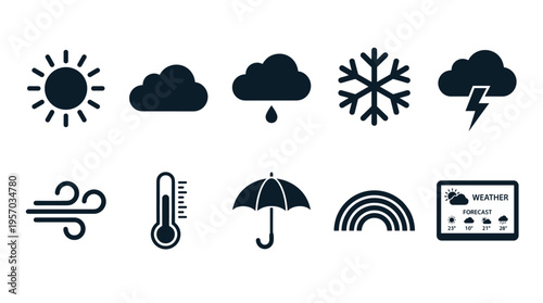 Weather icons set featuring various meteorological conditions like sun, clouds, rain, snow, wind, and temperature for forecasting applications.