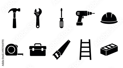 Construction tools and equipment icons set in a clean and modern black silhouette style, representing various items used for building, repair, and DIY projects.