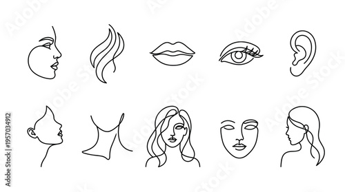 Minimalist line art female faces and body parts collection showcasing abstract beauty, elegant continuous drawing style, and various human features.