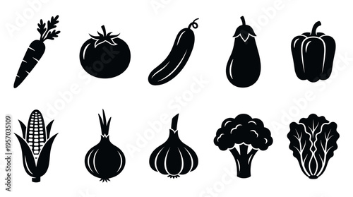 Vegetable icons collection featuring various healthy produce items in a minimalist silhouette style, perfect for nutrition and food-related designs.