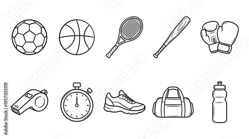 Sports equipment and accessories doodle collection featuring various athletic gear for different activities and training, presented in a clean outline style.