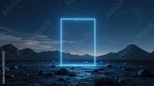 Glowing blue neon rectangle in a dark, rocky desert landscape