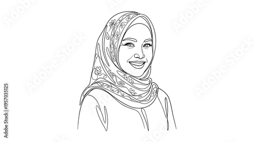 Muslim woman wearing a hijab smiles warmly in a beautiful continuous line art illustration, showcasing elegance and cultural identity.
