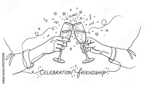 Two hands clinking champagne glasses together in a festive toast, symbolizing celebration, friendship, and joy with sparkling confetti and stars.