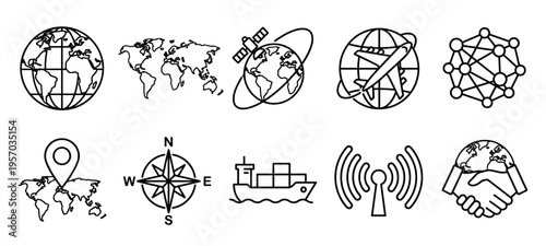 Global communication travel logistics icons set features various outline symbols representing worldwide connection, transportation, and international cooperation.