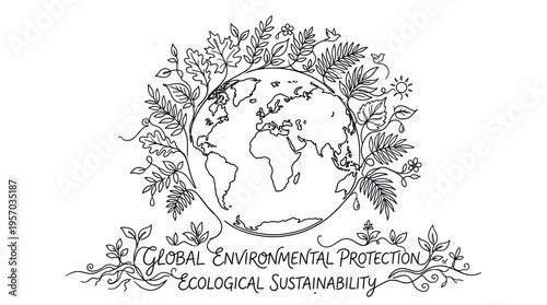 Earth globe surrounded by green leaves and plants symbolizing global environmental protection and ecological sustainability in a hand-drawn line art illustration.