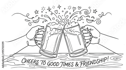 Two hands clinking beer mugs together with festive splashes and decorative elements, celebrating good times and friendship in a joyful line art illustration.