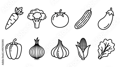 Vegetables and fruits outline icons set representing healthy food choices for cooking, nutrition, and a balanced diet in a simple graphic style.