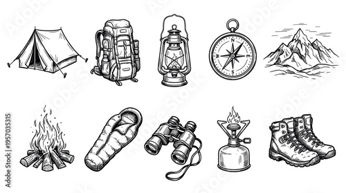 Camping and hiking equipment collection for outdoor adventures, showcasing essential gear like a tent, backpack, lantern, compass, sleeping bag, and hiking boots.