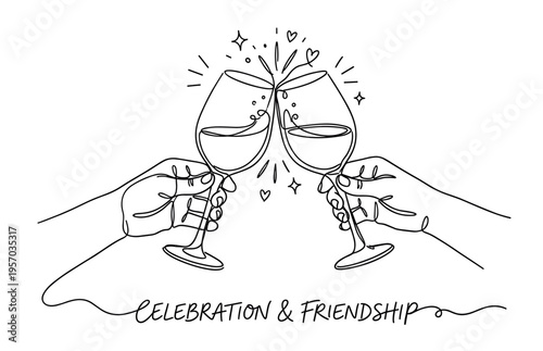 Two hands clinking wine glasses in a celebratory toast, symbolizing friendship, joy, and special moments with a continuous line art style.