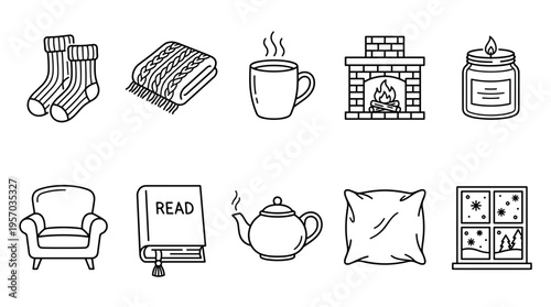 Winter comfort icons collection showcasing warm socks, a knitted blanket, steaming mug, fireplace, and other cozy elements for home relaxation.