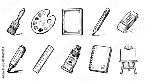 Art supplies and drawing tools hand-drawn in a doodle style, featuring a paintbrush, palette, pencil, and other creative instruments.