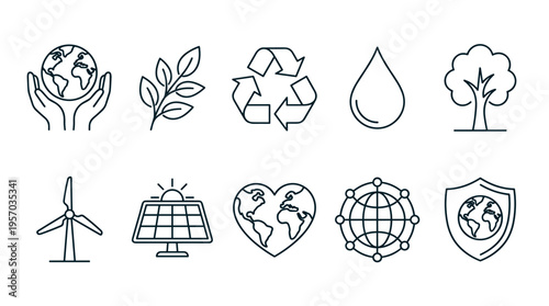 Environmental protection sustainability icons set featuring various eco-friendly symbols for global conservation and renewable energy solutions.