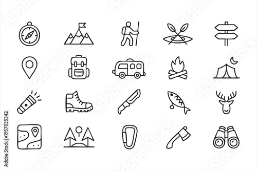 Nature and Camping Icons Pack with Hiking and Exploration Elements