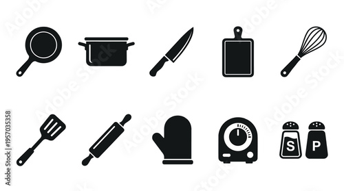 Kitchen utensils cooking tools and baking equipment collection featuring various essential items for culinary preparation and cooking.