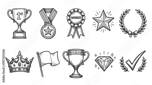 Various hand drawn achievement success symbols including trophies, medals, and crowns, representing victory and excellence in competitions.