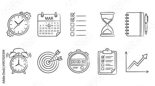Time management productivity planning goal setting icons set featuring hand-drawn illustrations for business organization, scheduling, and achieving success.
