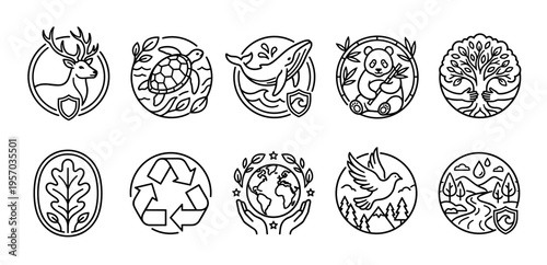 Nature, wildlife, and environmental protection icons illustrate various aspects of ecological conservation, sustainability, and the preservation of our planet's biodiversity.