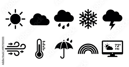 Weather icons set showing various meteorological conditions and forecasts, including sun, rain, snow, wind, and temperature, perfect for digital applications.