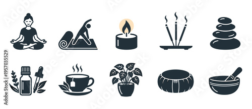 Wellness icons representing meditation, yoga, aromatherapy, and relaxation practices, including a meditating figure, essential oils, incense, and spa elements for a holistic lifestyle.