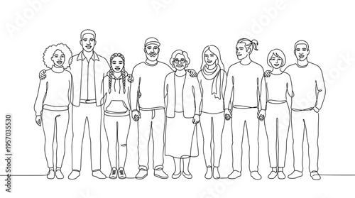 Diverse group of people standing together, depicted in a single continuous line art style, symbolizing unity and connection across generations.