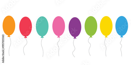 Balloon in cartoon style. Bunch of balloons for birthday and party. Flying ballon with rope. Blue, red, yellow and green ball isolated on white background. Flat icon for celebrate and carnival.