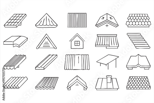 Roofing Icons Set with Roof Tiles Solar Panels and House Structures