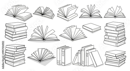 Books outline sketch set featuring open books and stacks on white background