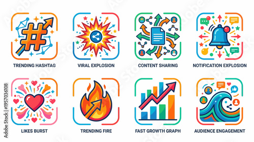 Social Media Marketing Vector Icon Pack, Digital Engagement Graphics, Viral Trend Illustration, Online Growth Symbols, Influencer Analytics Design, Colorful Communication Icons, Modern Internet Vector