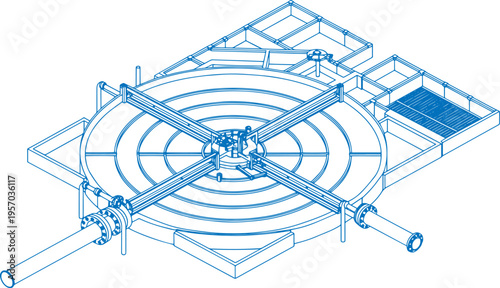 Industrial Water Treatment Purification Pool System – Line Art Vector Illustration
