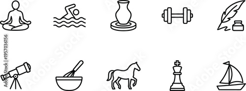 A collection of simple line icons representing various hobbies and activities