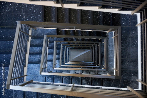 Abstract Top-Down View of Modern Rectangular Spiral Stairwell