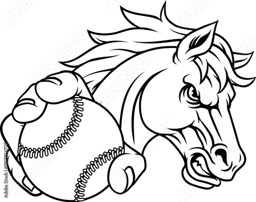 Horse mustang bronco stallion baseball softball angry sports team mascot holding a ball.