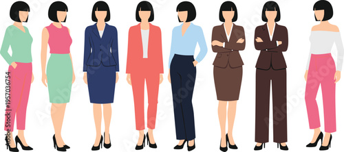 Business women fashion collection, professional female characters, office outfits styles, corporate dress code, stylish people vector illustration set