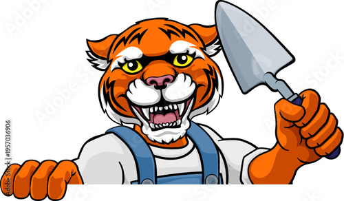 A tiger bricklayer builder construction worker mascot cartoon character holding a trowel tool and peeking around a sign