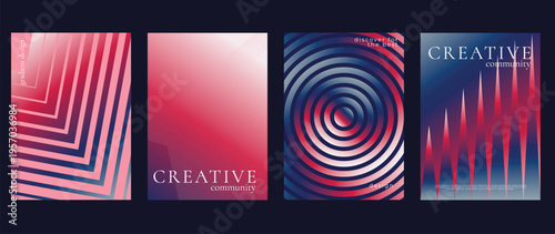 Abstract geometric cover design vector poster set with pink, magenta, and purple gradient lines on black background. Modern luxury layout collection for branding, presentation, wallpaper, packaging.
