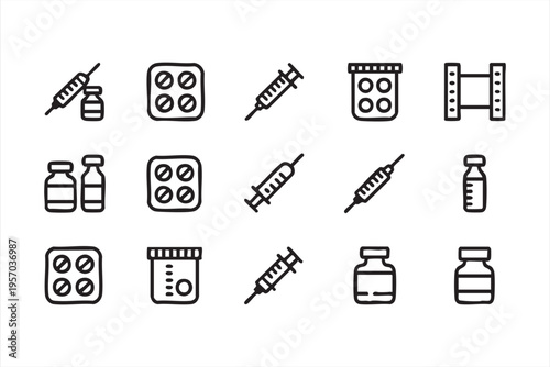 Minimal Line Healthcare Icons For Vaccination And Medical Equipment