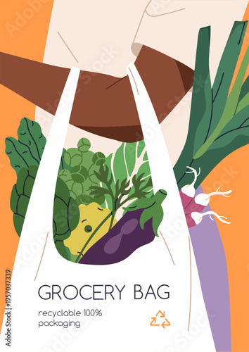 Eco-friendly grocery bag with healthy green vegetables, poster design. Hand with recyclable reusable shopping tote, sustainable supermarket, greengrocery, vegetarian food. Flat vector illustration
