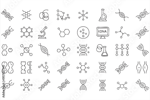Science DNA And Molecule Outline Icon Set With Laboratory And Chemistry Symbols