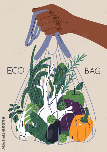 Eco-friendly string bag with healthy vegetables, natural food, poster design....
