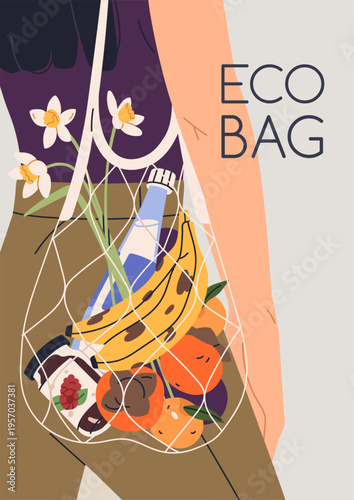 Eco string bag for healthy grocery products, food, poster design. Sustainable...