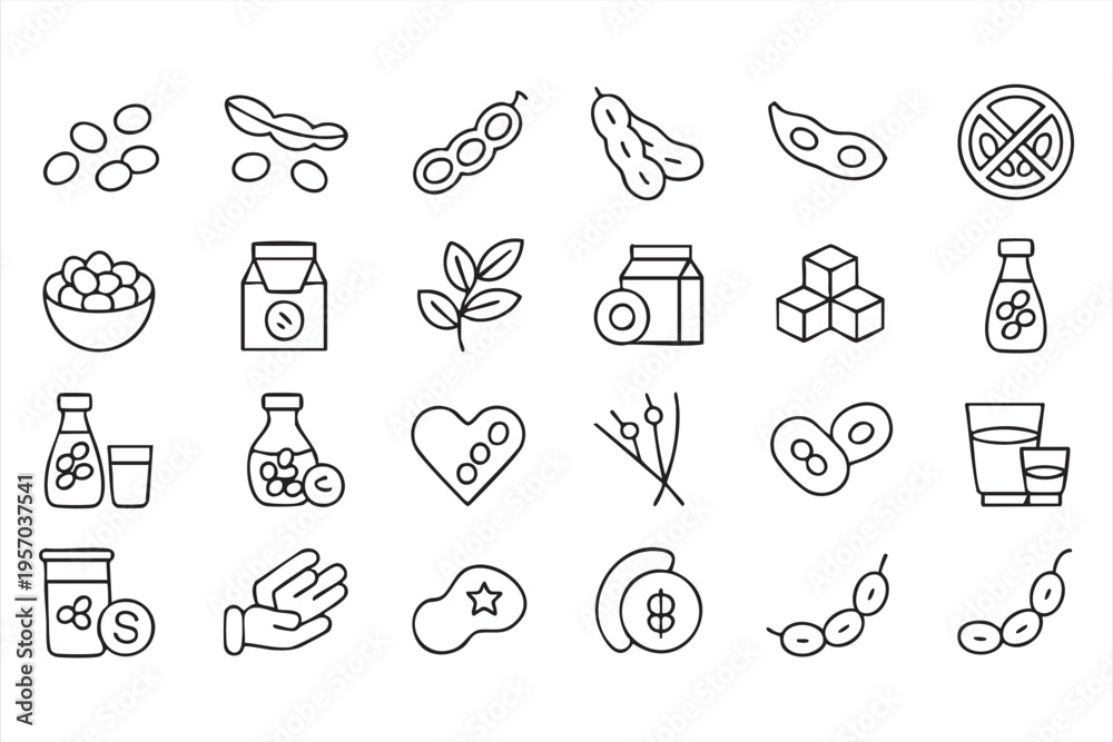 Fototapeta premium Soybeans And Soy Products Outline Icon Set With Plant Based Protein