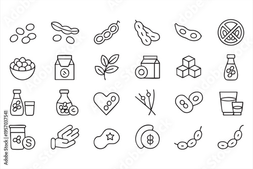 Soybeans And Soy Products Outline Icon Set With Plant Based Protein