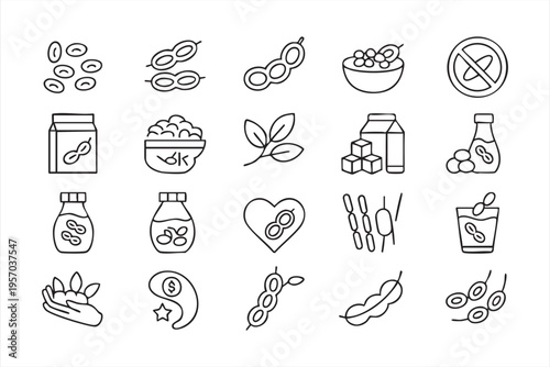 Healthy Nutrition Icons Collection With Soy Products And Organic Food